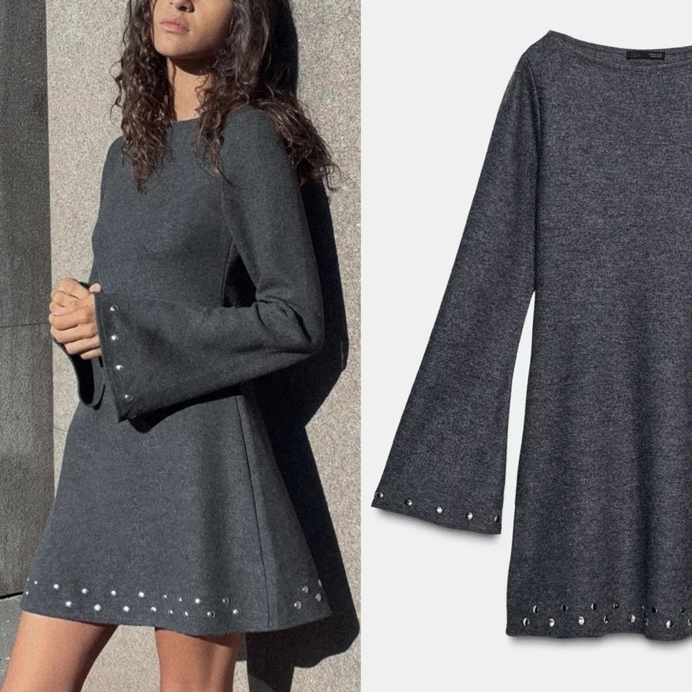 Zara NWT Studded gray wide sleeve long sleeve knit mini dress